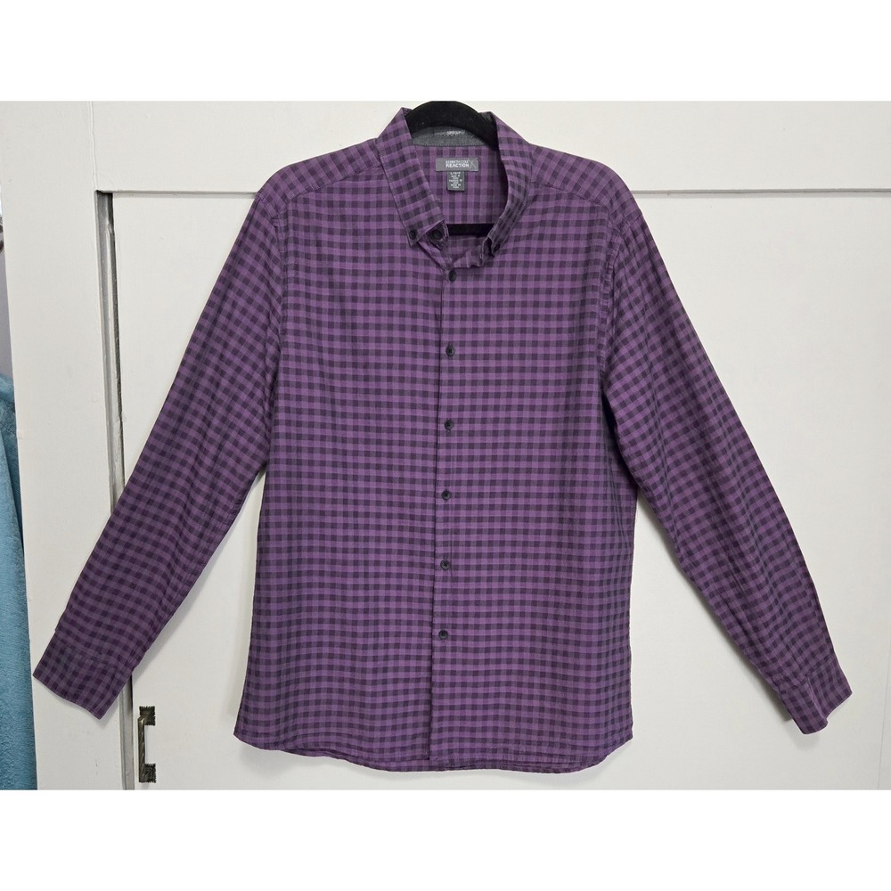 Kenneth Cole Reaction Mens Large Super Slim Fit Checked Button Down Shirt Purple